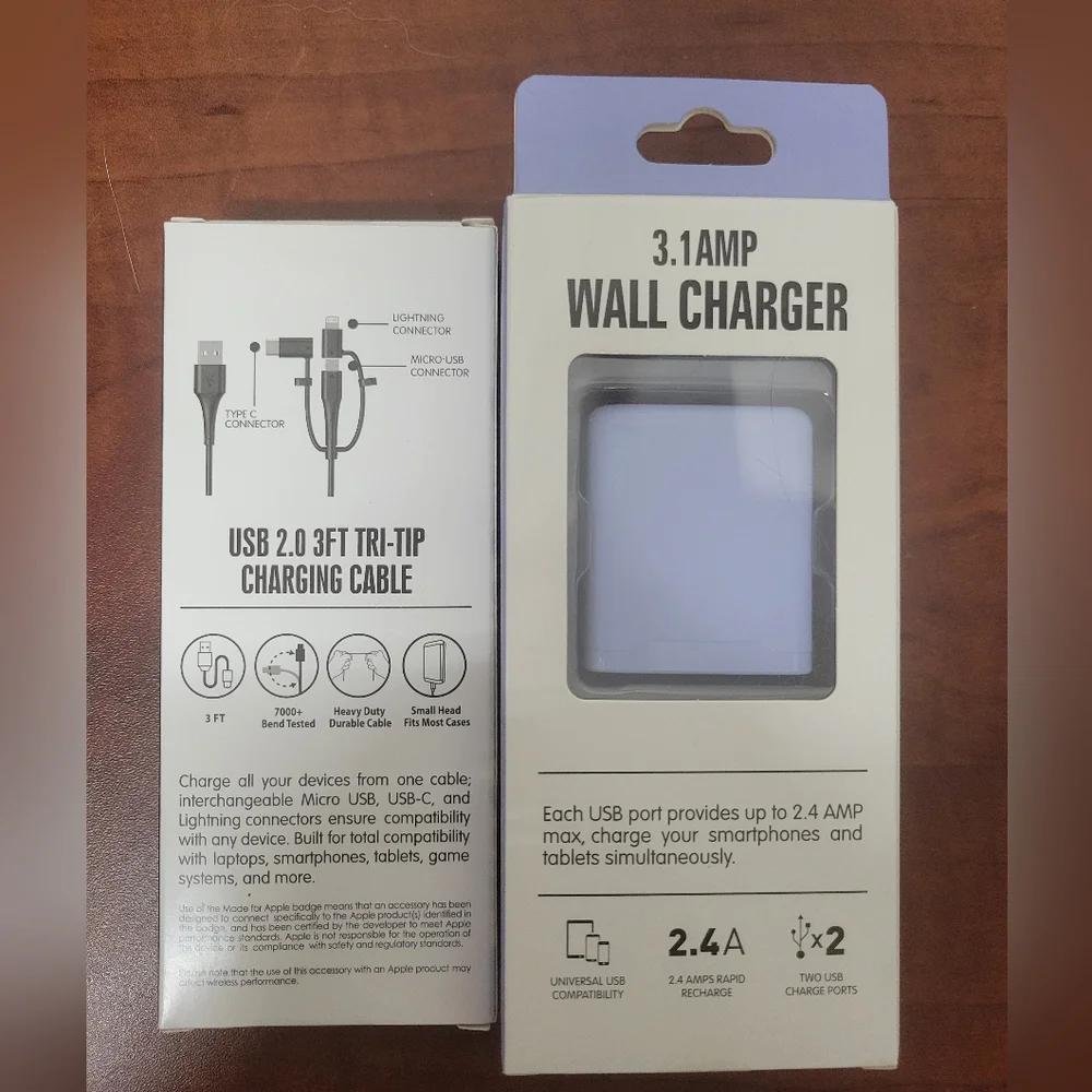 Dual USB Wall Charger & Usb 2.0 3 Ft Tri-tip Charging Cable NIB